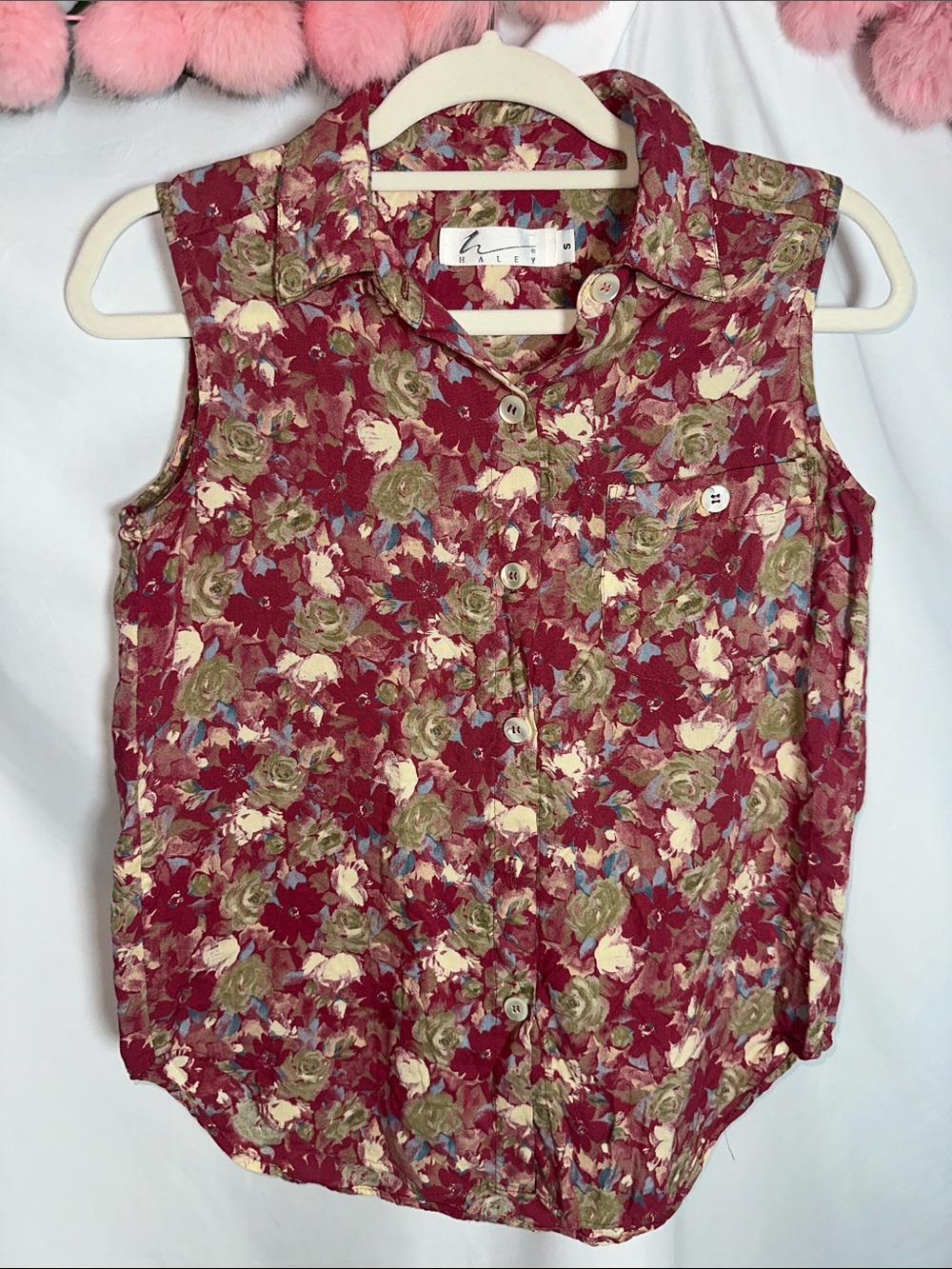 Sleeveless Button-Down Floral Top in Burgundy by H by Halston